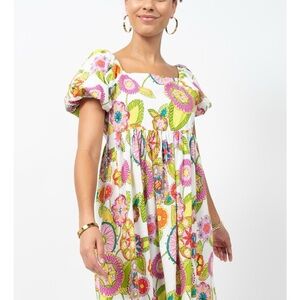 Anthropologie Uncle Frank Floral Print Puff Sleeve Dress XL Multi Color V Neck